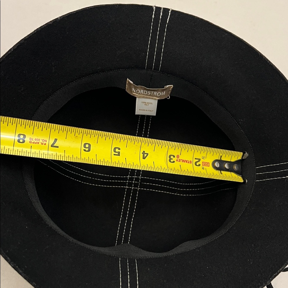 NORDSTROM BLACK WOOL WHITE STITCHING BOW FRONT CLOCHE WOMENS HAT - Picture 8 of 12